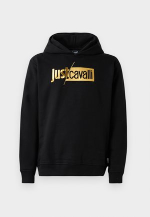 Juodas gobtuvinis megztinis su auksinės metalinės spalvos "just/cavalli" logotipo spauda. Pagamintas iš minkštos medžiagos, su račiu apvadu ant rankovių ir apačios.