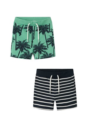 Two pairs of swim shorts: one mint green with black palm tree print, the other navy blue with white horizontal stripes. Elastic waistband and drawstring.