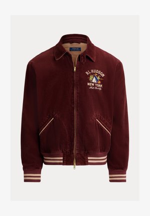 Bordo manšestarska jakna s rebrastim manžetama i rubom, sa zlatnim patentnim zatvaračem, izvezenim logom "RL Hudson New York" i svijetlo smeđom podstavom.