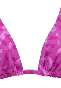 Pink bikini top with triangle cups, featuring a repeating tonal pattern. Textured fabric, adjustable straps, and gathered seam detail.