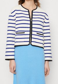 Vit kortad jacka med blå horisontella ränder och svarta detaljer, bärs av en stående person över en ljusblå kjol.