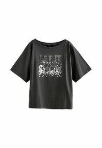 Black short-sleeve T-shirt with a wide neckline and silver sequin text reading "LET IT SNOW," featuring a relaxed fit and soft fabric.