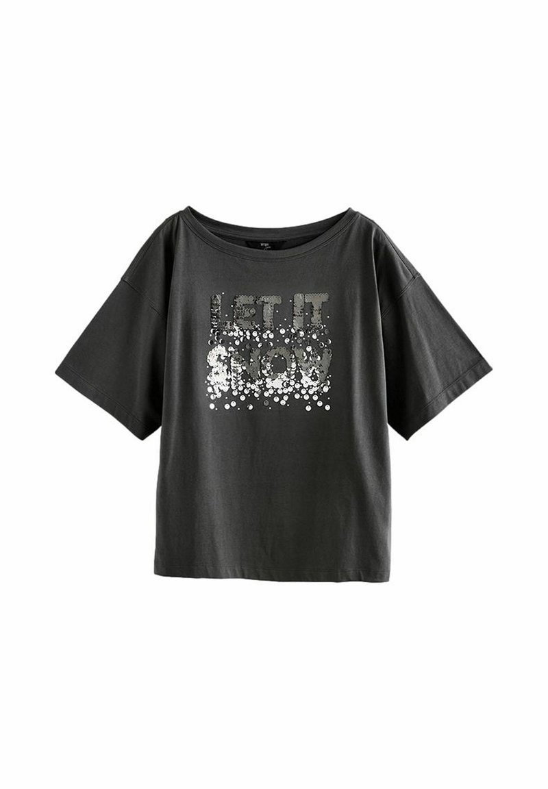 Black short-sleeve T-shirt with a wide neckline and silver sequin text reading "LET IT SNOW," featuring a relaxed fit and soft fabric.