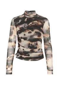Zúžený top s dlhým rukávom vyrobený z mäkkej, elastickej látky, ktorý má tie-dye vzor v odtieňoch hnedej, šedej a smotanovej s vysokým golierom a zhromaždenými stranami.