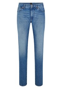 Modré džíny z denimu s rovnými nohavicemi, zapínáním na knoflík a zip, pěti kapsami a kontrastním šitím.