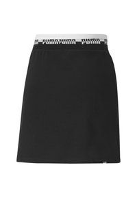 Falda atlética negra con una banda elástica blanca que presenta el logo "PUMA". Tejido suave, diseño de longitud media y dobladillo recto.