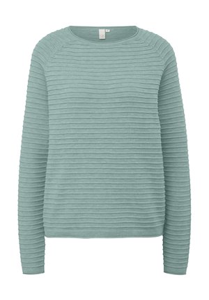 Hellblaues langärmliges Sweatshirt mit geripptem Muster, Rundhalsausschnitt und lockerer Passform. Verfügt über horizontale Streifen im gesamten Stoff.