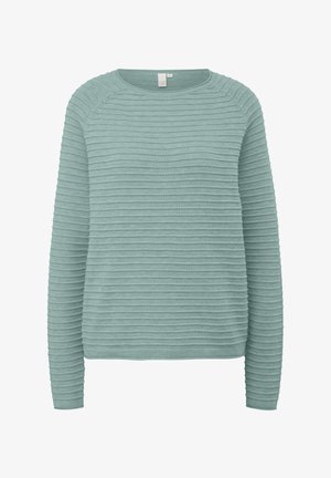 Hellblaues langärmliges Sweatshirt mit geripptem Muster, Rundhalsausschnitt und lockerer Passform. Verfügt über horizontale Streifen im gesamten Stoff.