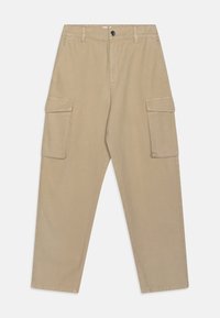Khaki cargo broek gemaakt van katoenmix, met een ontspannen fit, twee zijzakken en lussen voor een riem, met een knoop- en ritssluiting.