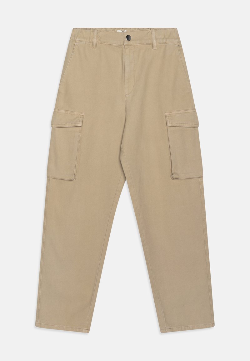 Khaki cargo broek gemaakt van katoenmix, met een ontspannen fit, twee zijzakken en lussen voor een riem, met een knoop- en ritssluiting.
