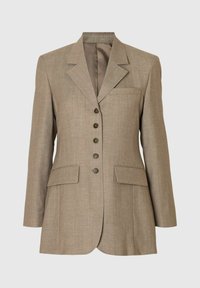 Blazer de mujer beige de un solo botón con cinco botones, solapa muesca, mangas largas y dos bolsillos frontales con solapa.