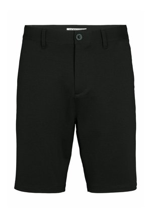 Zwarte shorts gemaakt van een stevige, gladde stof. Beschikt over een standaard tailleband met een enkele knoopsluiting en twee zijzakken.