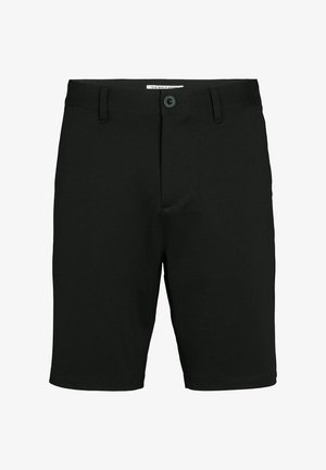 Pantaloni scurți negri, fabricați dintr-un material solid și neted. Au un tiv standard cu un închidere cu un singur buton și două buzunare laterale.