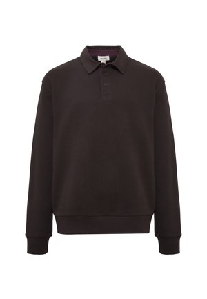 Dark brown long-sleeve polo shirt in a textured fabric, featuring a collar, two buttons, and ribbed cuffs for a fitted silhouette.