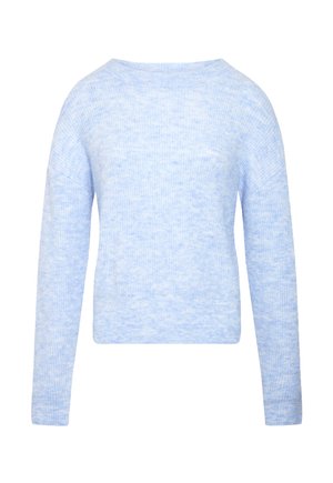 Maglione lavorato a maglia a maniche lunghe di colore azzurro chiaro con scollo tondo e tessuto morbido e strutturato.