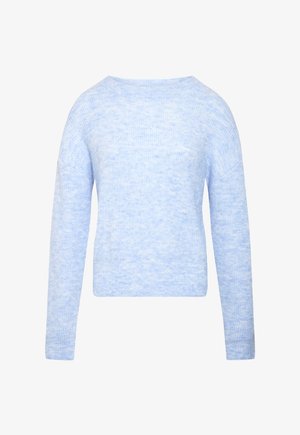 Maglione lavorato a maglia a maniche lunghe di colore azzurro chiaro con scollo tondo e tessuto morbido e strutturato.