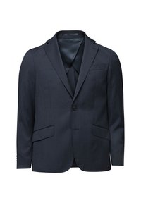 Dunkelblauer Blazer mit Reverskragen, einsamer Knopfverschluss und zwei Vorderentaschen. Aus strukturiertem Stoff gefertigt, im Inneren ungefüttert.