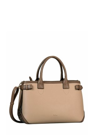 Sac à main structuré beige en cuir grainé, doté d'accents marron, de deux poignées et d'une bandoulière amovible. Côtés texturés.