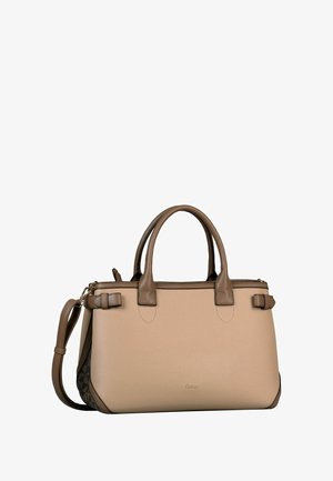 Sac à main structuré beige en cuir grainé, doté d'accents marron, de deux poignées et d'une bandoulière amovible. Côtés texturés.