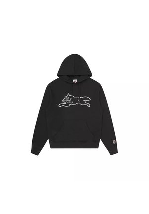 Zwarte hoodie met een voorzak en een witte gestippelde omlijning van een rennende hond op de borst en een klein ijslogo op de mouw.