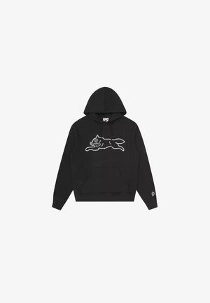 Zwarte hoodie met een voorzak en een witte gestippelde omlijning van een rennende hond op de borst en een klein ijslogo op de mouw.