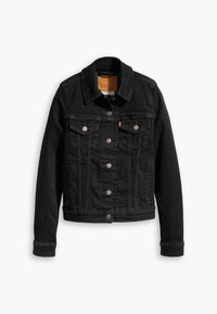 Giubbotto di jeans nero con due tasche sul petto, chiusure a bottone argentato e colletto classico. Texture liscia con dettagli di cucitura a contrasto.
