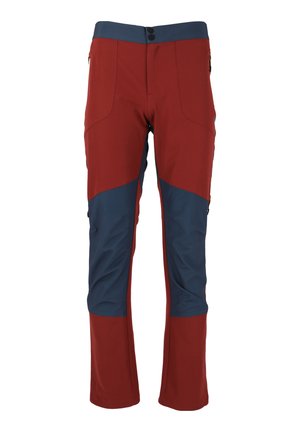Rote und marineblaue Outdoor-Hosen mit figurbetontem Design, aus einem dehnbaren Stoff gefertigt. Mit Reißverschlusstaschen und doppeltem Knopfverschluss.
