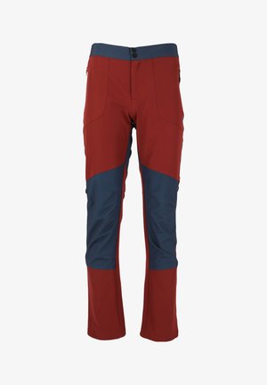Rote und marineblaue Outdoor-Hosen mit figurbetontem Design, aus einem dehnbaren Stoff gefertigt. Mit Reißverschlusstaschen und doppeltem Knopfverschluss.
