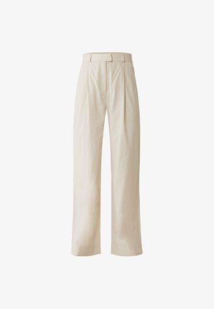 Beige hochtaillierte Hosen aus strukturiertem Stoff. Mit Falten, flachem Vorderteil und weitem Bein. Minimalistisches Design, keine sichtbaren Beschläge.