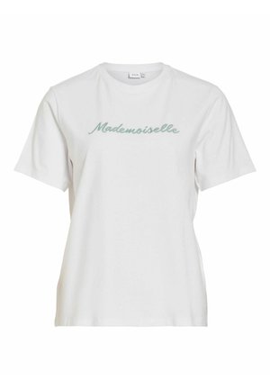 T-shirt blanc à manches courtes avec col rond, brodé en écriture cursive vert clair « Mademoiselle » sur la poitrine.