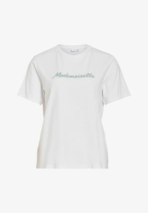 T-shirt blanc à manches courtes avec col rond, brodé en écriture cursive vert clair « Mademoiselle » sur la poitrine.