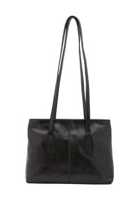 Borsa a tracolla nera in pelle con due manici lunghi, forma rettangolare elegante, texture liscia e dettagli delle cuciture sottili sulla parte anteriore.