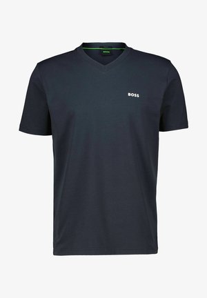 Mornarsko modra V-neck majica iz bombaža, ki vključuje majhen bel logotip "BOSS" na levem prsnem delu ter kratke rokave. Gladka tekstura.