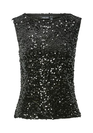 Crni top bez rukava prekriven �šljokicama, s prilagođenim dizajnom i okruglim izrezom. Glatka tekstura s reflektirajućim akcentima šljokica.