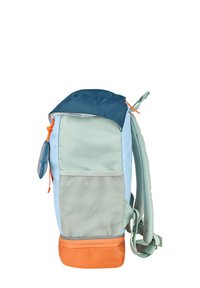 Backpack with a blue top, light green body, mesh pocket, and orange bottom. Features adjustable straps and a cinch closure.