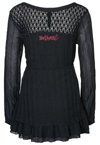 Robe noire à manches longues, tissu texturé, panneau en dentelle au dos, ourlet volanté, et texte rouge brodé "Faites-le vous-même."