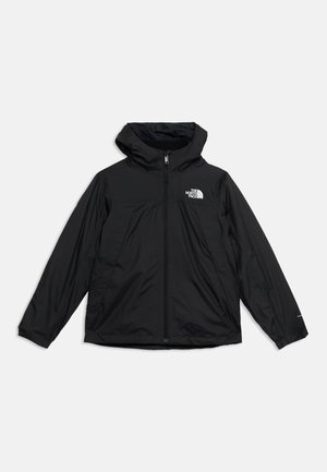 Veste noire zippée avec capuche, manches longues et logo The North Face sur la poitrine gauche, présentée à plat sur fond blanc.