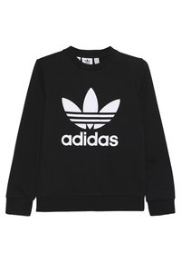 Černá mikina s dlouhými rukávy, kulatým výstřihem, s výrazným bílým logem Adidas a designem tří pruhů na přední straně.