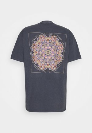 Navy blue cotton t-shirt with a large circular multicolored graphic print on the back, featuring ornate patterns and text. Short sleeves, round neck.