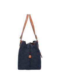 Borsa a spalla blu navy con tessuto texturizzato, dettagli in pelle marrone, chiusura con zip e doppi manici per il trasporto.