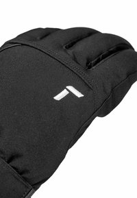 Schwarze isolierte Handschuhe aus Stoff, mit drei segmentierten Fingern, kontrastierenden weißen Logodetails und einem verstärkten Handgelenkbereich.