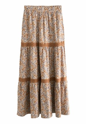 Maxi nederdel med elastisk talje, brun og hvid blomstermønster, og to vandrette blonderemser på tværs af lagene.