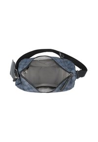 Blue patterned shoulder bag featuring a zip top, fabric material, and a light gray interior with a single compartment and dark strap.