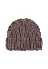 Gebreide beanie in taupe, met een ribbelpatroon en een omgeslagen rand. Materiaal heeft een zachte textuur. Rond bovenstuk zonder versiersels.