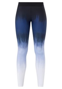 Legíny s vysokým pasem a černým pasem, s gradientním designem od tmavě modré nahoře po bílou na kotnících.