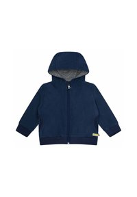 Marineblauwe zip-up hoodie met een capuchon, gemaakt van zachte stof, met zijzakken en gestreepte binnenvoering. Geribbelde manchetten en zoom.