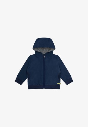 Felpa con zip di un blu navy, dotata di cappuccio, realizzata in tessuto morbido, con tasche laterali e fodera a righe. Polsini e orlo a coste.