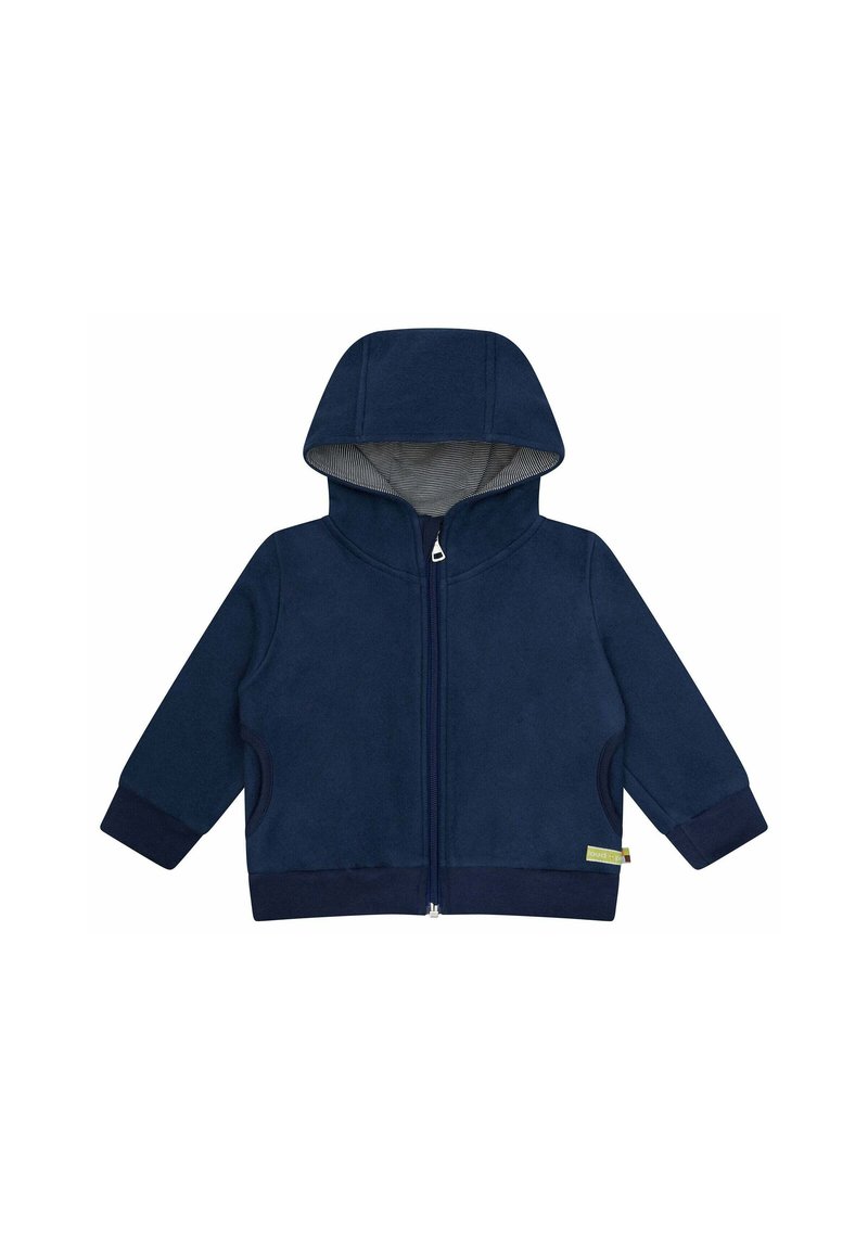 Marineblauwe zip-up hoodie met een capuchon, gemaakt van zachte stof, met zijzakken en gestreepte binnenvoering. Geribbelde manchetten en zoom.
