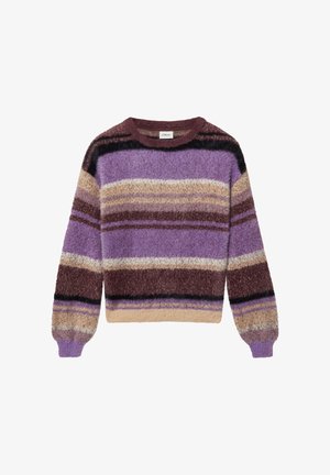 Flauschiger Strickpullover mit horizontalen Streifen in Lila, Beige, Braun und Schwarz, mit langen Ärmeln und einem runden Halsausschnitt.