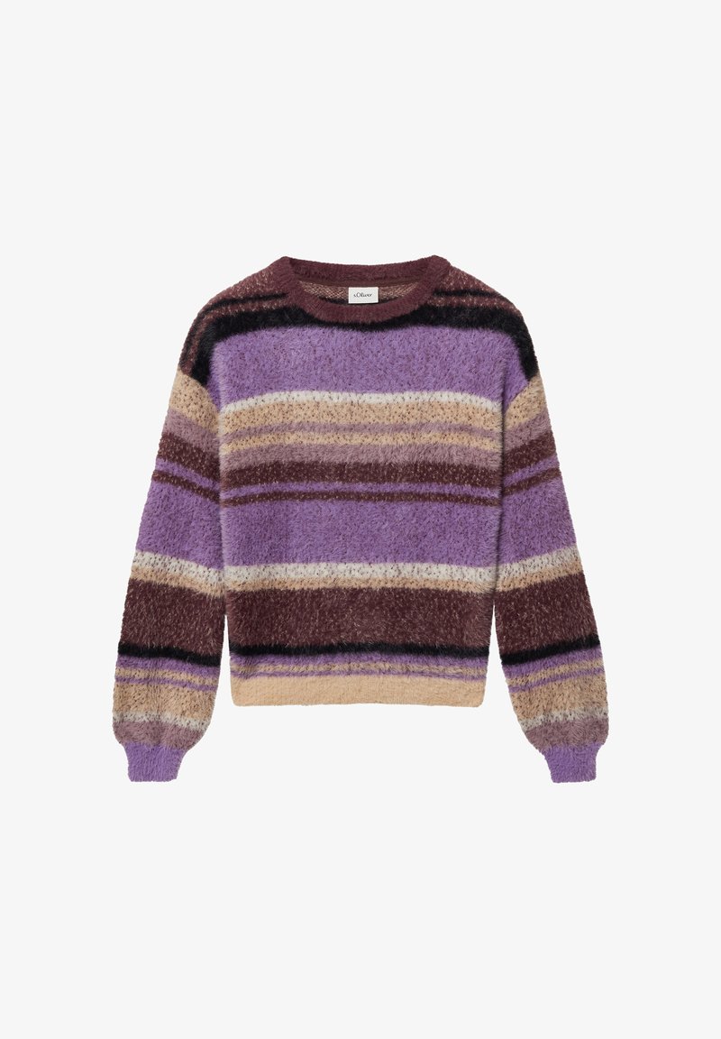 Mehakav pleten sweatshirt s horizontalnimi črtami v vijolični, bež, rjavi in črni barvi, ki ima dolge rokave in okroglo ovratnik.